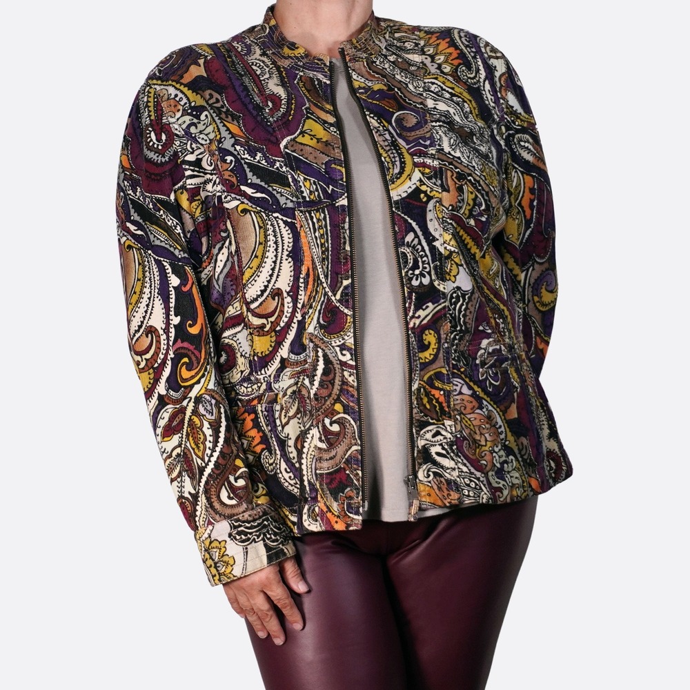 Chico's Corduroy Paisley Zip Front Jacket XL 1X Cotton Blend Multicolor Layer